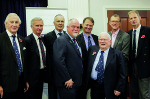 Mike Gatting surrounded by DSCT officials at the dinner in Exeter which helped raise £21,000 for the David Shepherd Cricket Trust over the past 12 months. Trust chair Mark Ansell is on the far right of the photo